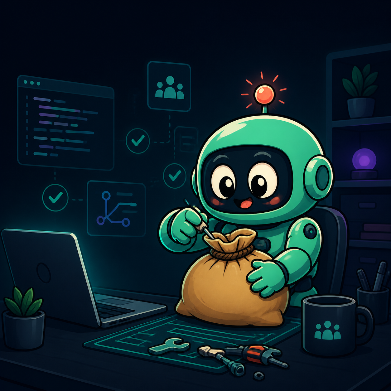 Bagsy, a mint-green robot mascot, building in public at a desk with code and verification symbols
